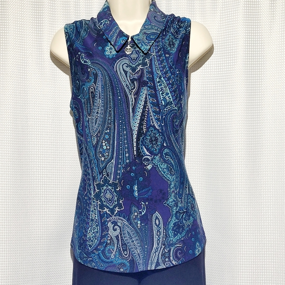 Tommy Hilfiger Royal Blues & Purple Paisley Sleeveless Collar Top (M)